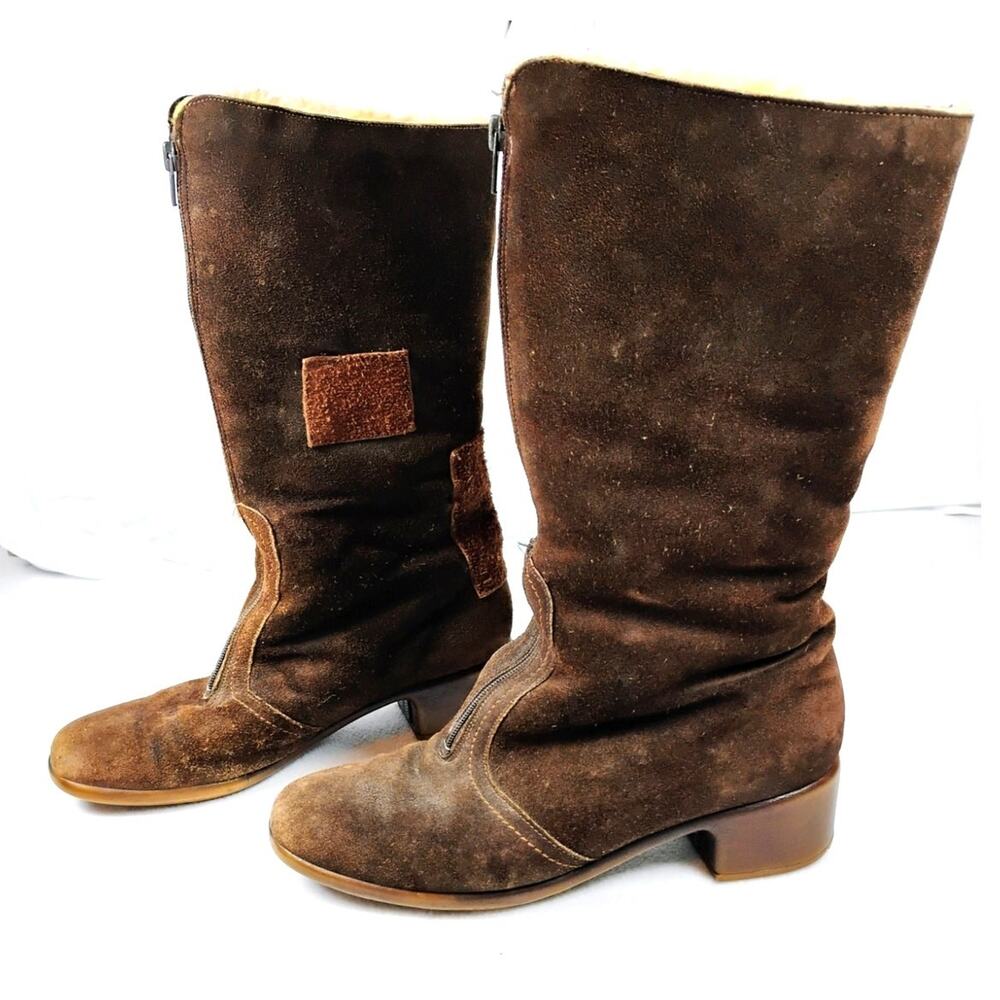 VTG Brown Suede Slouch Boots Sherpa Lined Tall Apres Ski Womens Fits 8